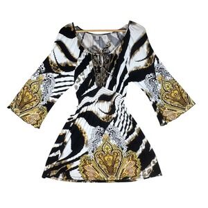 Boston Proper Mini Dress Small Zebra Animal Print Embellished Bell Sleeve Party